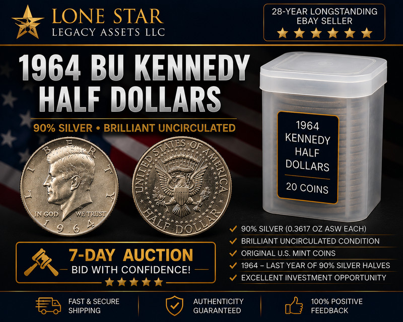 Roll 20 1964-D BU Kennedy Half Dollar Coins 90% Silver $10 Face Value w/tube