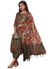 GoSriKi Women's Rayon Blend Printed Straight Kurta with Pant & Dupatta