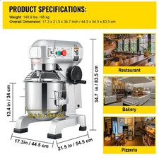 Commercial 30Qt Mixer: 1100W, 3-Speed, Dough Hook, Beater, Whip, Stainless Steel