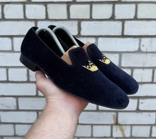 Church's Navy Blue Velvet Gold Crown Loafers Shoes