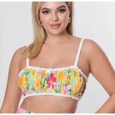 Unique Vintage 1970  s Bright Floral Ruffle Bikini Top 3X 20 NWT