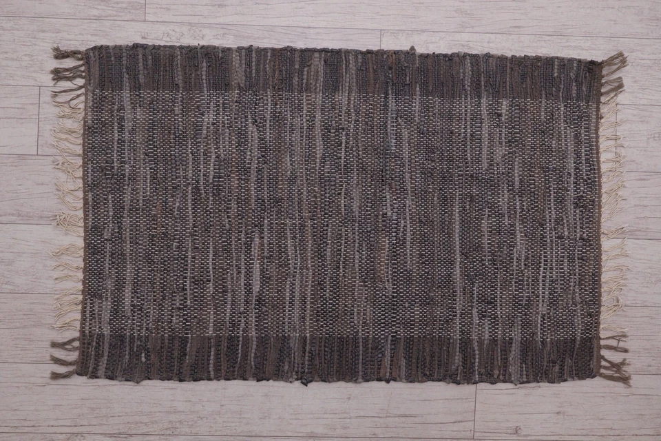 Tapis d’Intérieur En Cuir Véritable Suède Chindi Rag Fait Main 60x95 cm - Photo 2/4