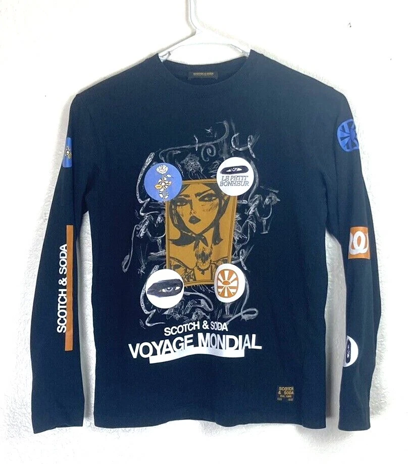 Scotch Soda Men s Medium Voyage Mondial Long Sleeve Thick Crew Neck T Shirt