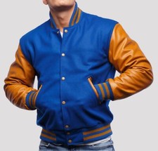 Varsity Letterman Jacket Pure Wool Body Geniune Cowhide Golden Leather Sleeves