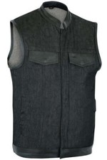 Men's Biker Vest Black Denim Vest with Scoop Collar Design Concealed Pockets