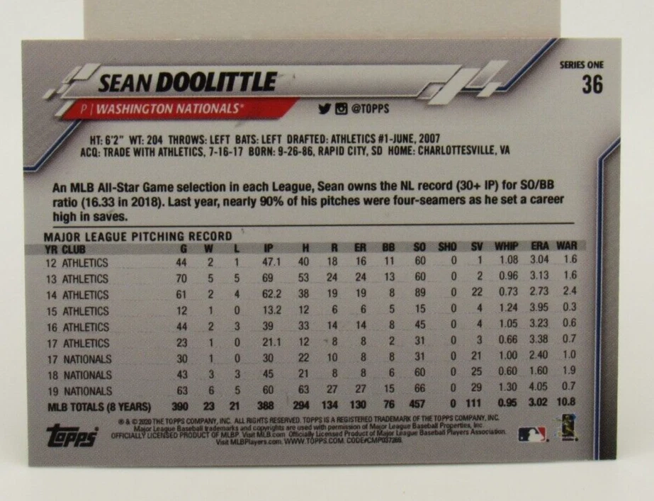 Sean Doolittle 2020 Topps Mini On Demand RED #3/5 Washington Nationals - Image 2 of 2