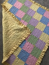 Vintage Yellow Gingham Baby Quilt with Blue, Green, Pink  Purple - 35" x 30"