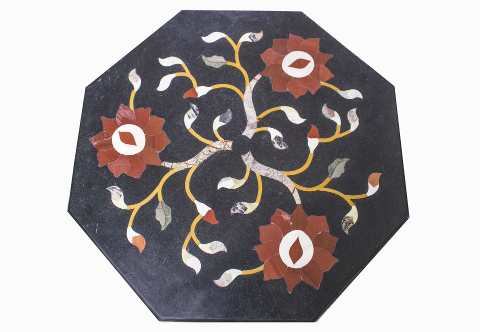 18-inch black marble coffee table with semi-precious stone inlay decor