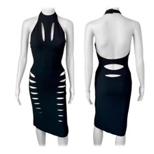 Gianni Versace S/S 2003 Runway Cutout Halter Mock Neck Bodycon Black Midi Dress