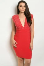 Womens Plus Size Red Pencil Dress 2XL Stud Accents V Neck 