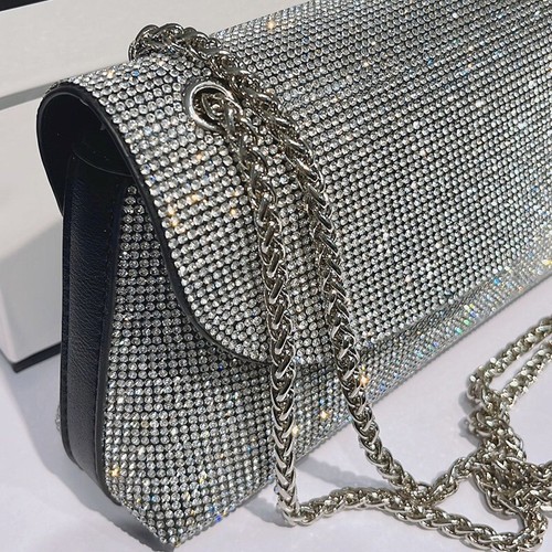 Silber Clutch Damen Abend Schultertasche Strass Kristall Party Kette Geldbörse - Bild 9 von 24
