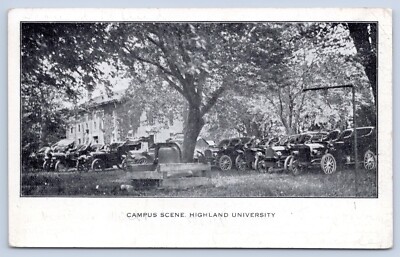 Highland, KS University Campus Scene, Old Cars, Course Listing, c1910 Postcard