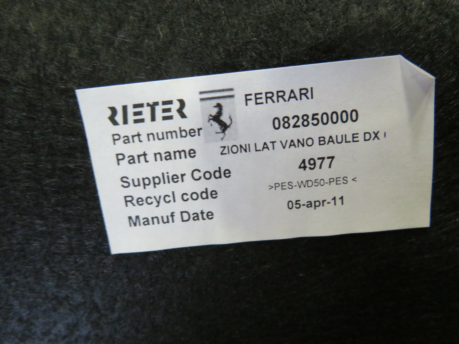 Ferrari California, RH, Right, Side Trunk Carpet Panel, Used, P/N 82850000