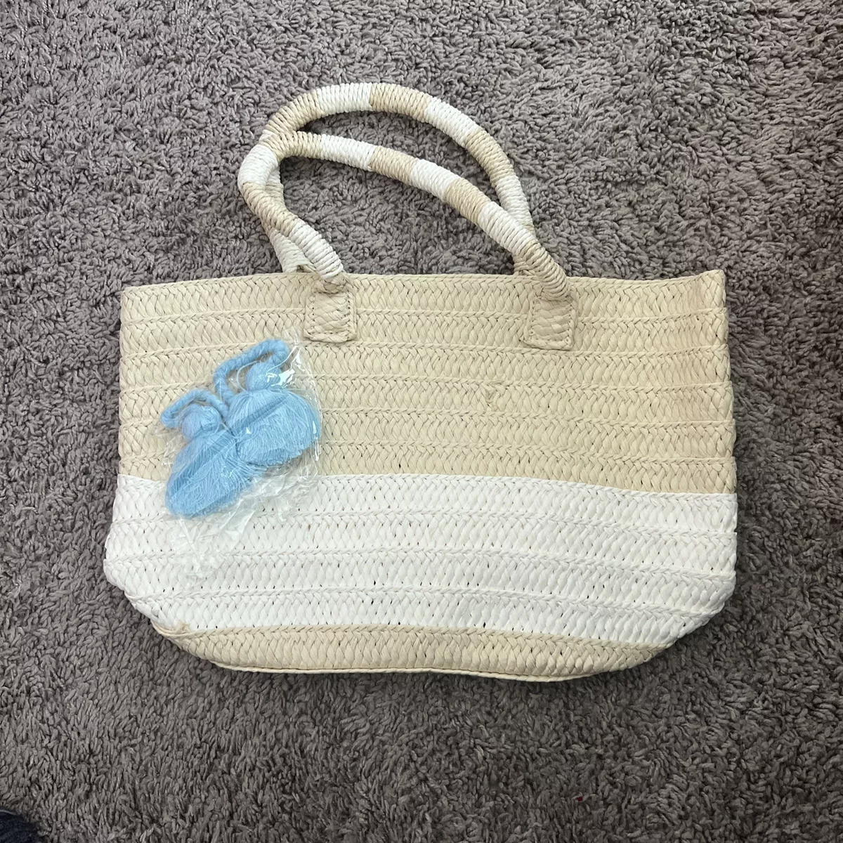 NEW Altru Straw Tote Bag Purse Tan White Double Handle Pom Pom