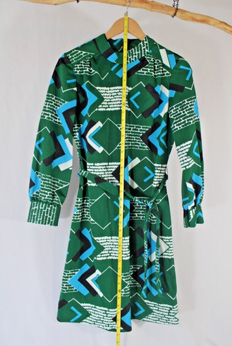 Joan Curtis Retro 1970s Green & Blue Pattern Long Sleeve Belted Mini Go Go Dress - Picture 3 of 9