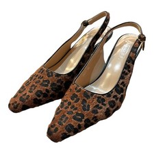 Women Leopard Slingback Heels Pointed Toe Kitten Leopard Print Party 9 NEW