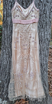 Vintage 90s Y2K Sue Wong Floral Mesh Beaded Silk Slip Dress