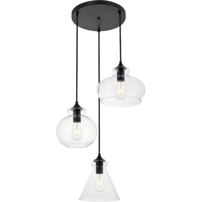 CHANDELIER BLACK PENDANT CLEAR GLASS DINING ROOM KITCHEN ISLAND LIGHTING 3 LIGHT