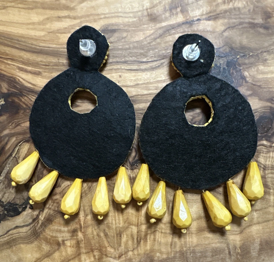 Sunshine Yellow Beaded Round Dangle Pierced Earrings Boho Statement  - Image 2 of 3