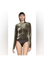 BCBG MAX AZRIA OBREE VELVET HOODED BODYSUIT DK FATIGUE GFH1Z170 SIZE XS