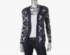 Women's Knit Cardigan Sweater Geometric Blue XL Long Open Front