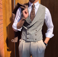 Plaid Double-breasted Vest Mens Business CasualSleevelessSlim Waistcoat Wedding