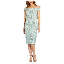 NWT Adrianna Papell Beaded Off Shoulder Dress Sea Glass 4 Mint Blue Aqua Sequin 