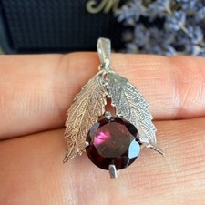 Fine Vintage 835 Silver Leaf Pendant Dark Red Stone Botanical Jewelry Germany