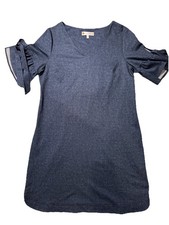 Jude Connolly Women's Blue V-Neck Dress Size L Made In The USA Tie/Bell Sleeve