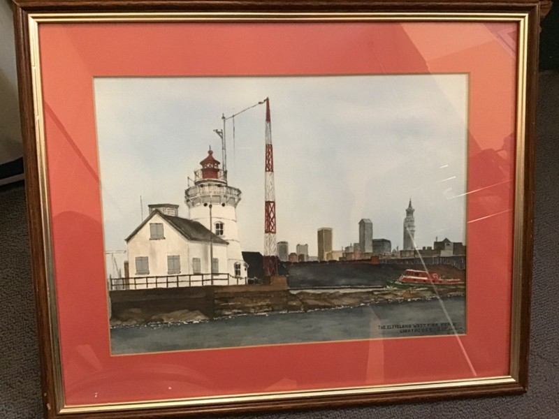Rare OOAK Original Art Watercolor "CLEVELAND WEST PIER HARBOR LIGHTHOUSE" Framed