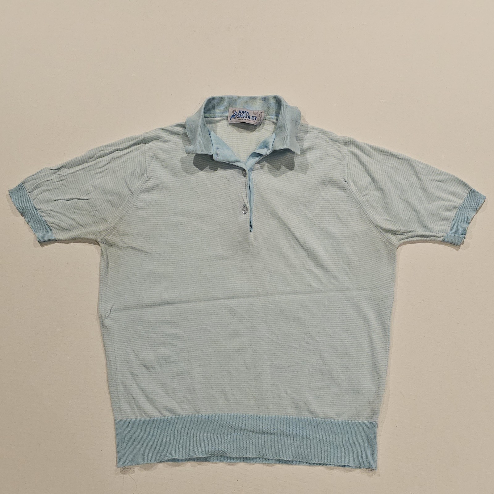 John Smedley, Vintage John Smedley Mens Polo Shirt 36 91cm Sea Island Cotton Blue Stripe Knit