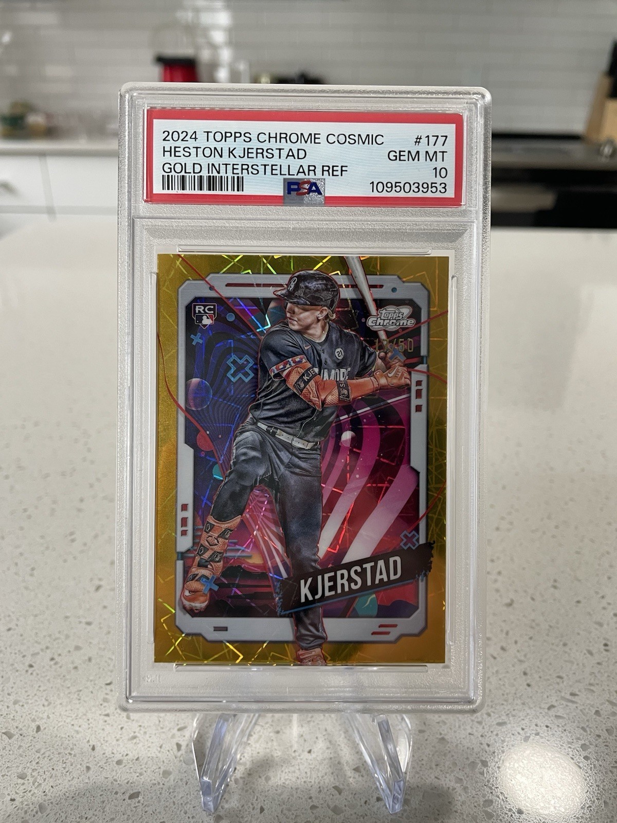 2024 Topps Chrome Cosmic Heston Kjerstad Gold Interstellar Ref. /50 RC PSA 10