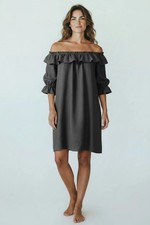 Reformation Women's 100% Linen Mini Dress MD Black Off Shoulder Ruffle vacation