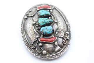 Native American Sterling Silver Buckle Lester Ortiz Turquoise Coral (49g)