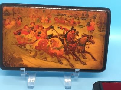 Russian lacquer box ** color black ** Sleigh with horses ** Rectangular box 5x3