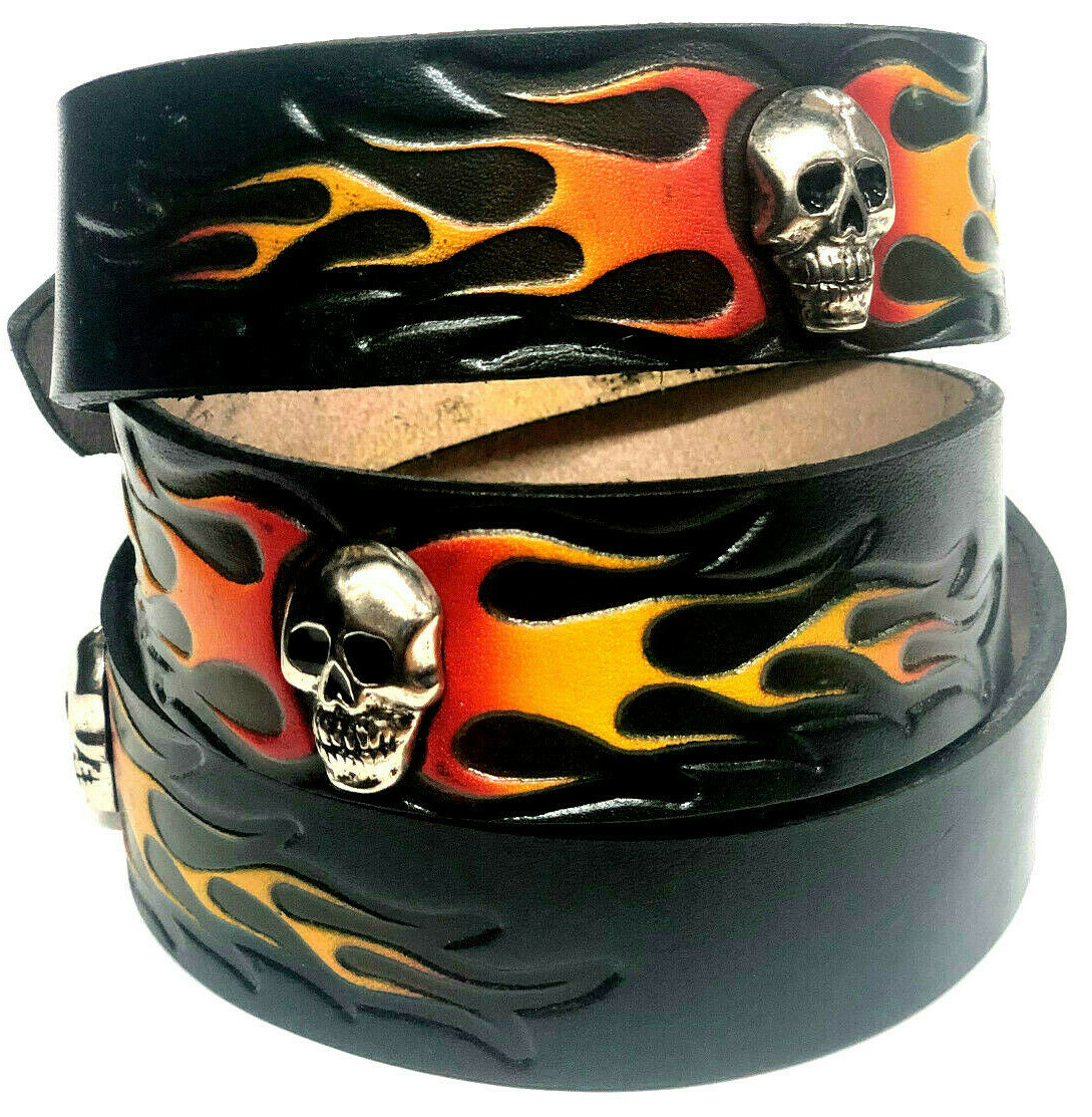 American Skull & Flame Belt,Genuine Leather,1 1/2 