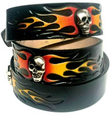 American Skull  Flame Belt,Genuine Leather,1 1/2 "wide,Biker's Favorite Design