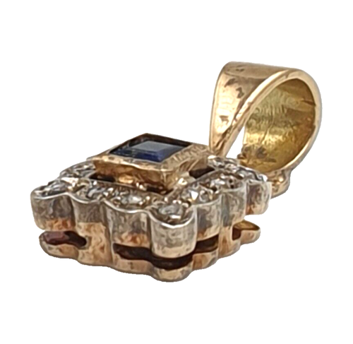 CIONDOLO PICCOLO STILE ANTICO IN ORO 14K ARGENTO CON ZAFFIRO NATURALE E ROSETTE - Foto 5 di 8