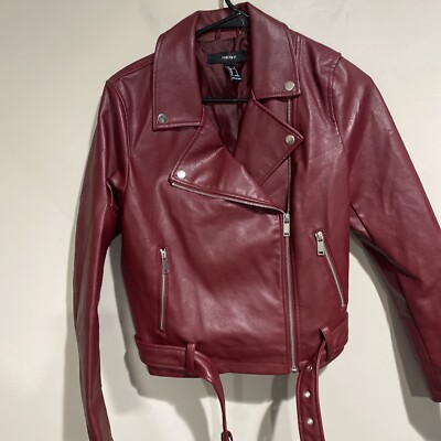 ジャケット・アウター mmm Forever 21 Wine Burgundy Faux Leather Zip-Up Moto Jacket Size S | eBay