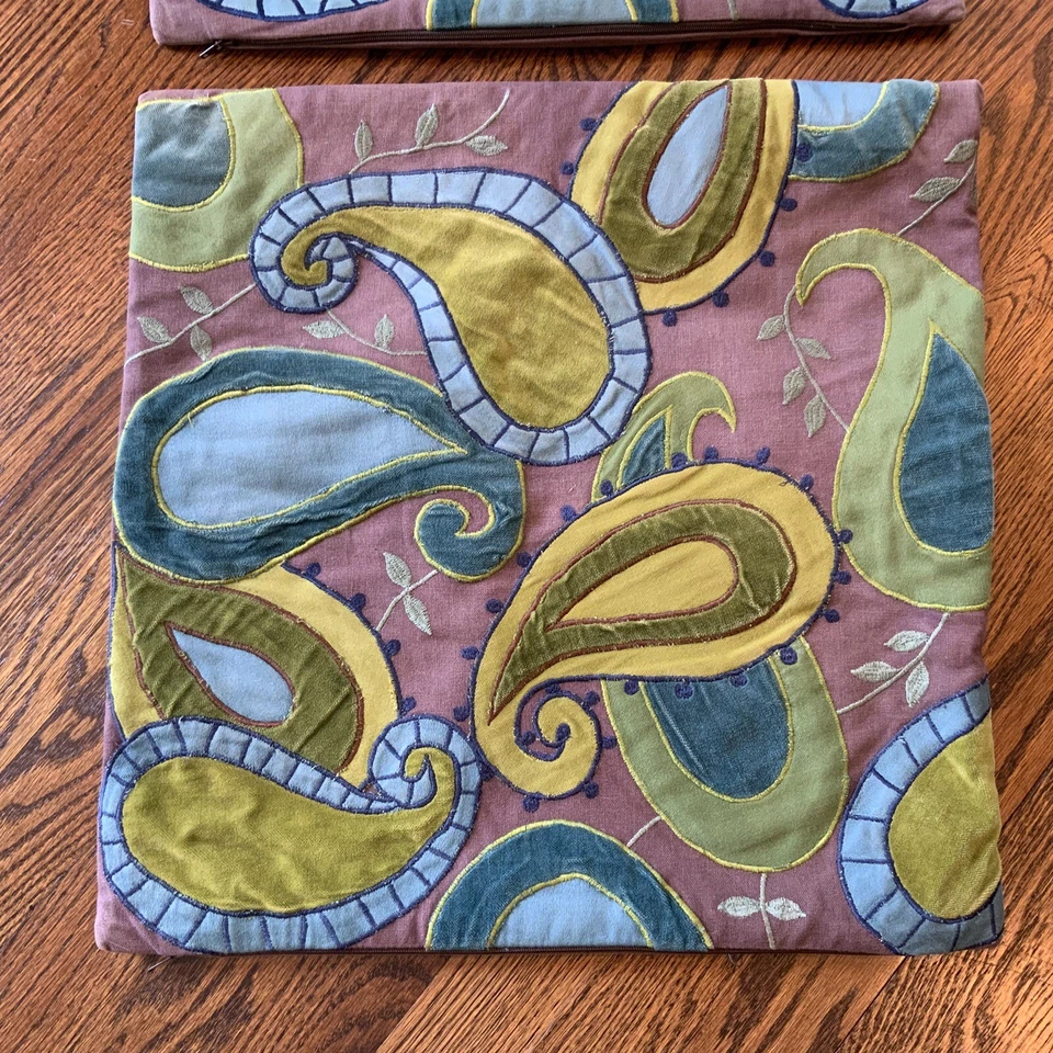 Pair Crate & Barrel Pillow Covers Patchwork Paisley Velvet Funky Artsy - Image 4 of 4