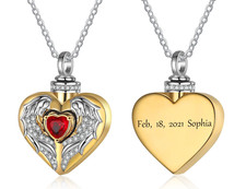 Customized Engraved Heart Angel Wings Urn Necklace Cremation Ashes Keepsake