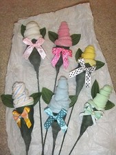 2 baby WASHCLOTH ROSES BABY SHOWER/yel/pur/gre/ora/blu/pnk/strp/plain or trinket