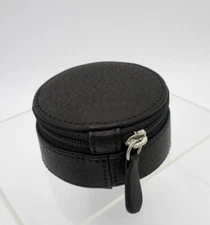 Jewelry Trinket Case Travel Leather w Suede Interior 3" Round Zipper BLACK
