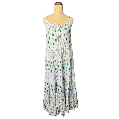 Binny Beach Dress Size 10 Boho Maxi Green Blue Tiered Cotton Crochet Detail