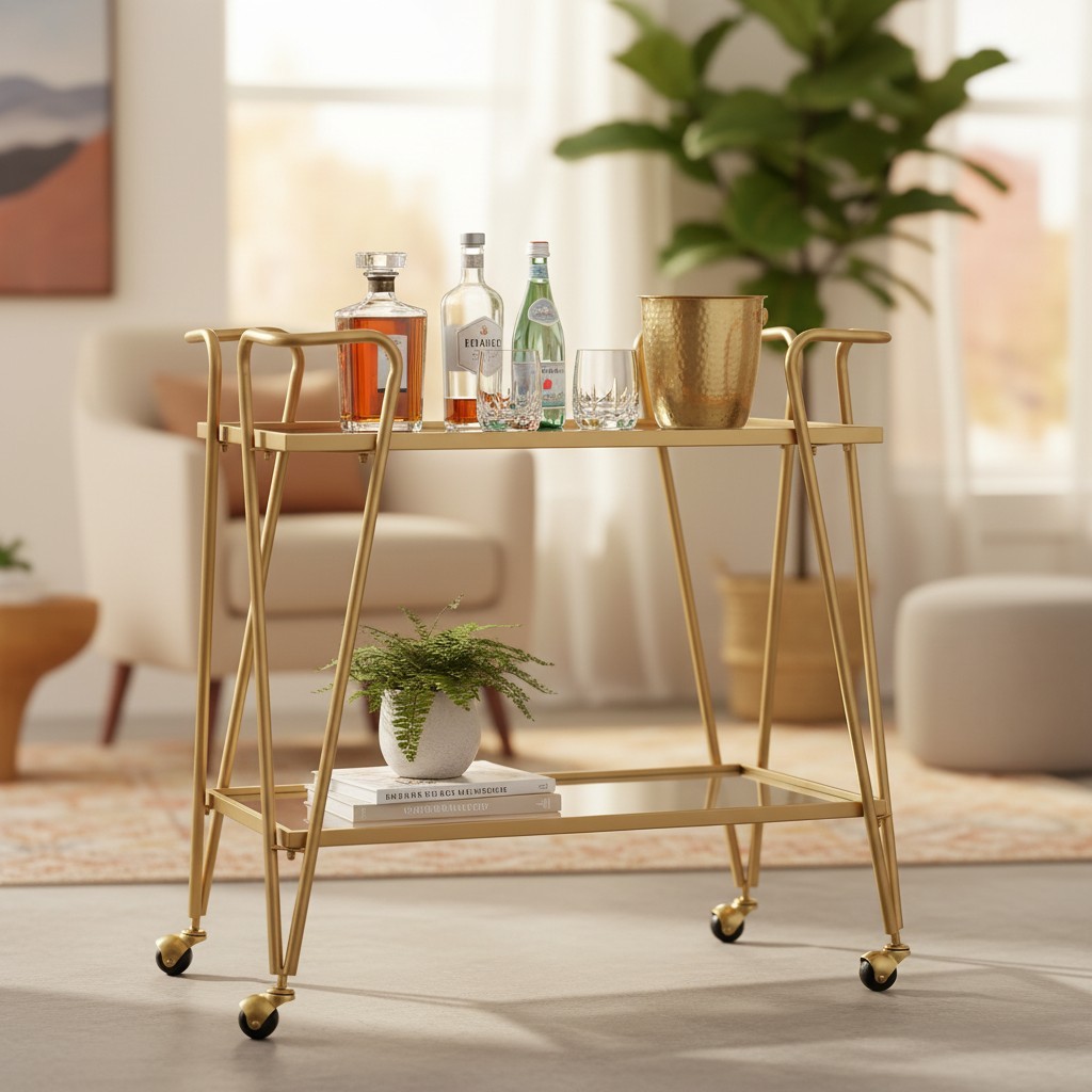 Gina Gold Mid-Century Bar Cart - Dual Shelves & Effortless Wheels