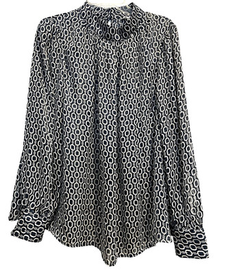 H&M Top Plus Size 2XL Conscious Navy Blue Chain Print Sheer Blouse Career Brunch
