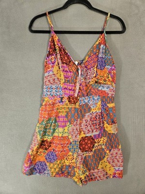 Amiani Womens Medium Patchwork Romper Shorts Vneck Tie Keyhole Boho Hippie