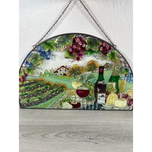 Joan Baker Stained Glass WIne & Cheese Flowers Suncatcher Half Circle Hanging
