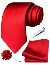 Red Tie for Men Wedding Solid Satin Silk Blend Necktie Pocket Square Tie Clip...