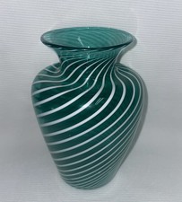 Hand blownm Aqua Green W/White Slim Swirl Pattern 6 Inch High Vase